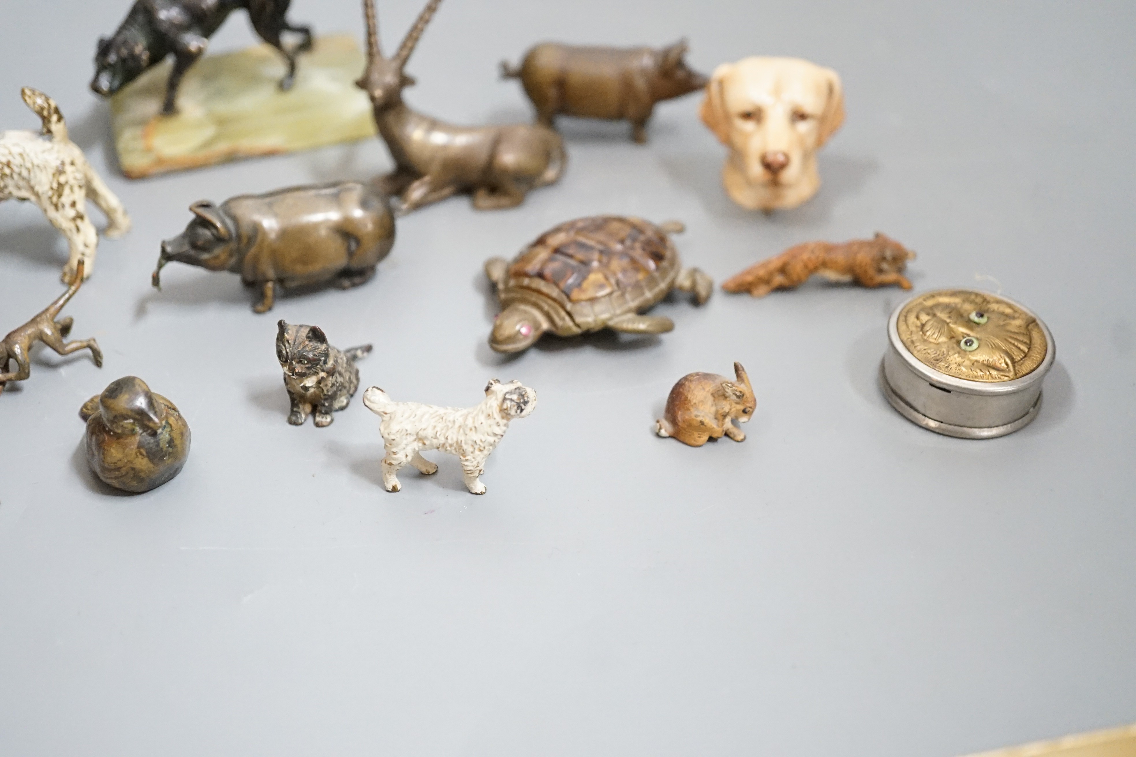 A quantity of animal related collectables including cold painted bronzes, a ‘pig’ tape measure and vesta etc.